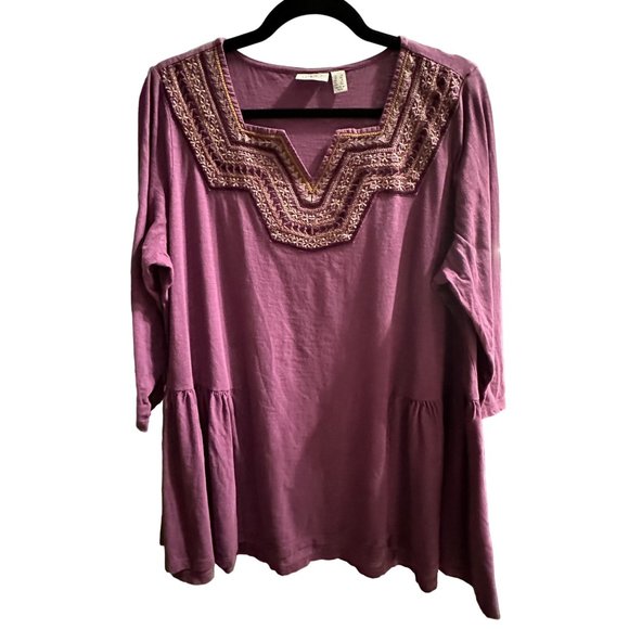 LOGO by Lori Goldstein size 1X purple cotton embroidered bodice 3/4 sleeve top - Picture 1 of 8